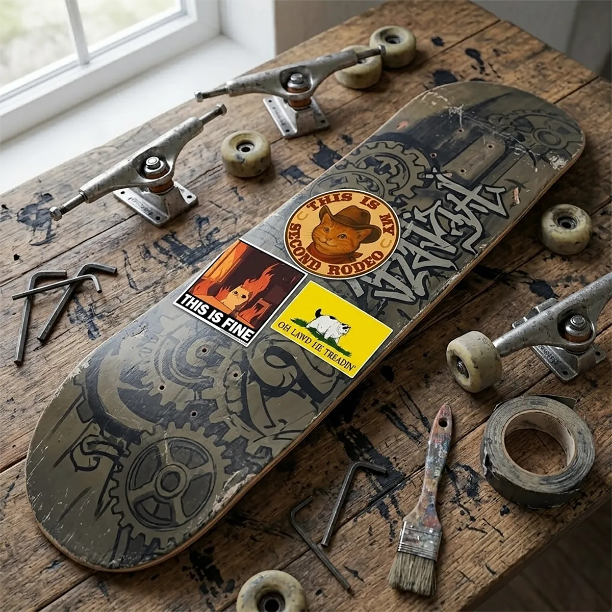 Skateboard deck with stickers on a wooden surface with tools and hardware.