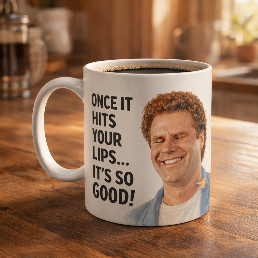 Mug with a Will Farrell's face and text on a wooden table