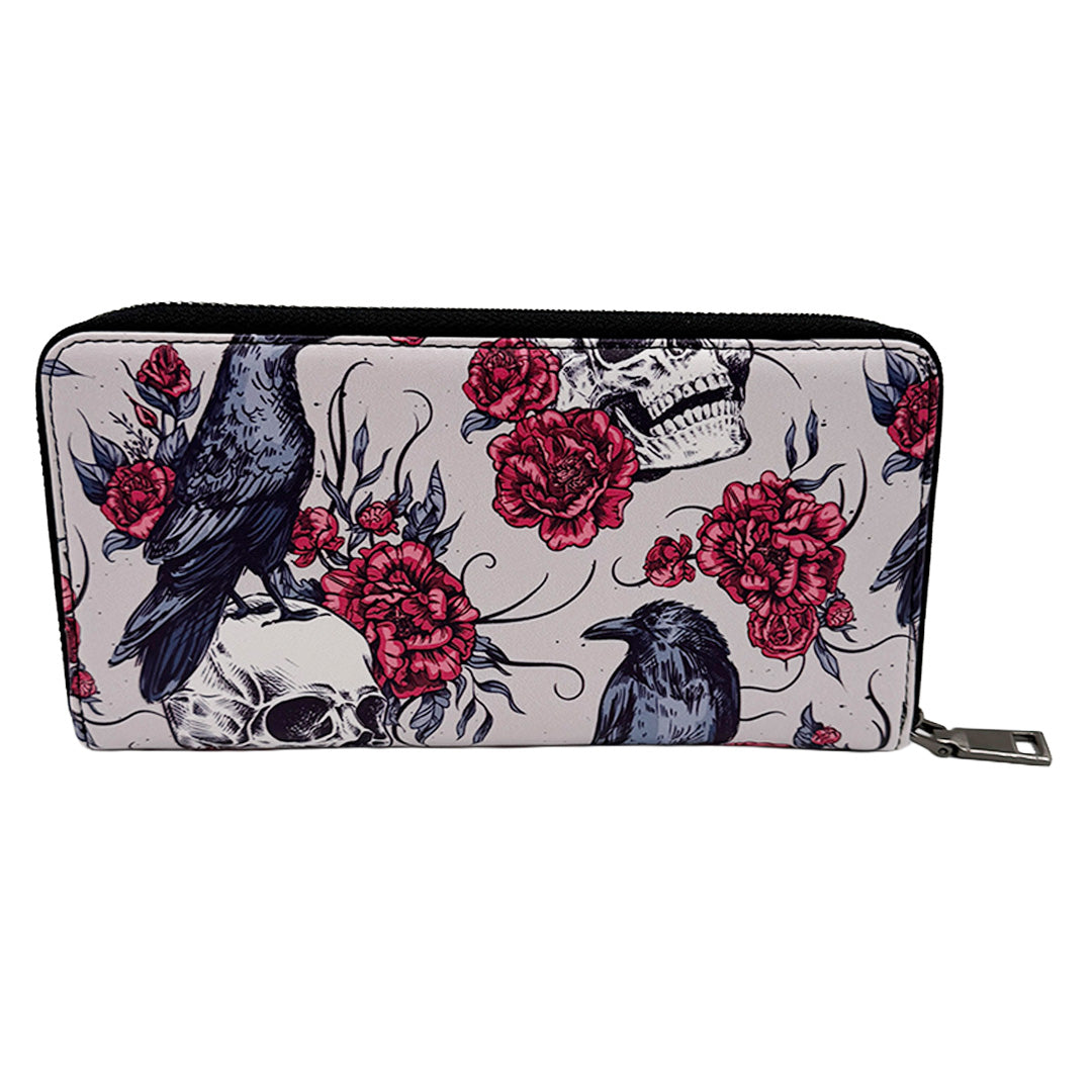 Wallet with skull and rose design on a white background