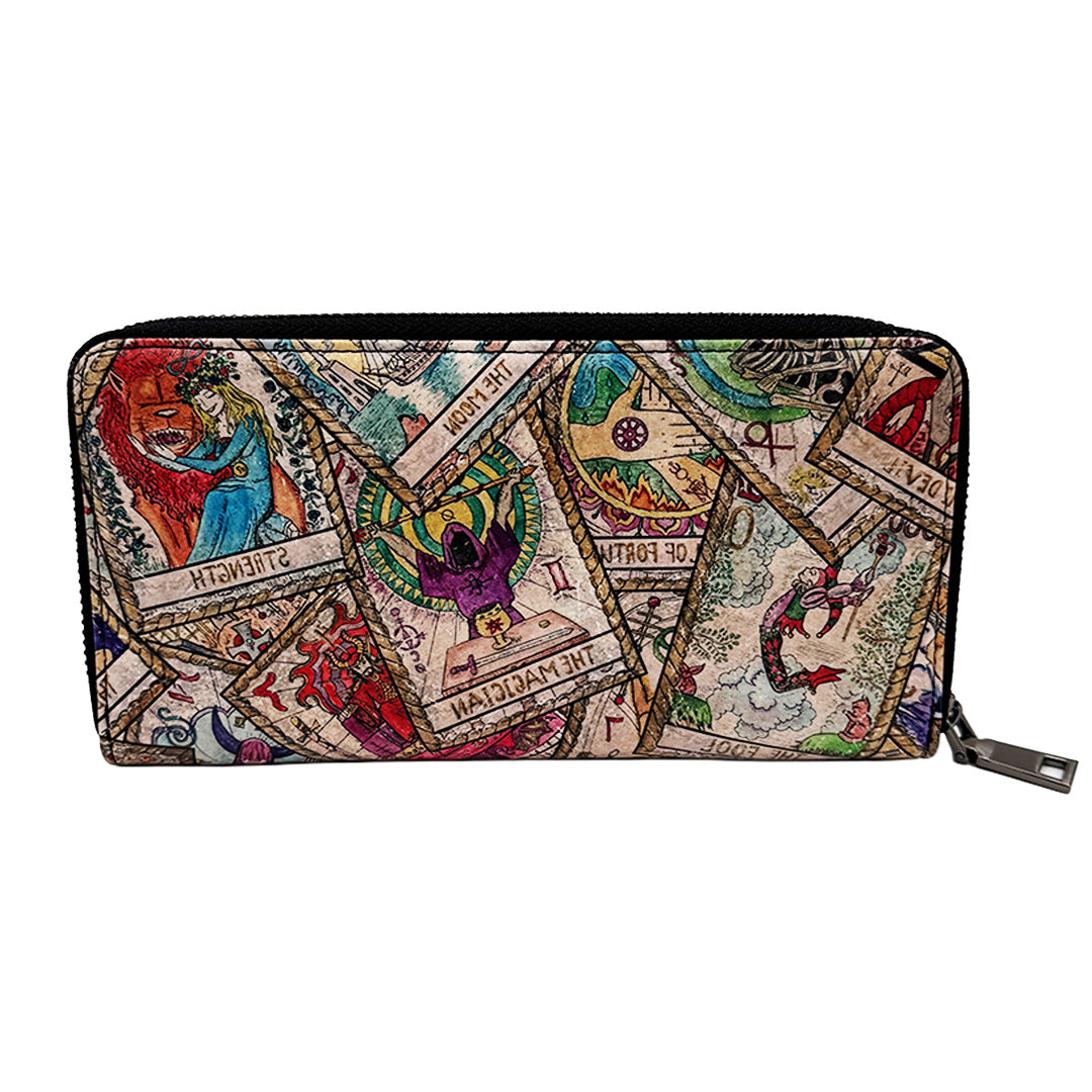 Multicolored tarot card design wallet on a white background