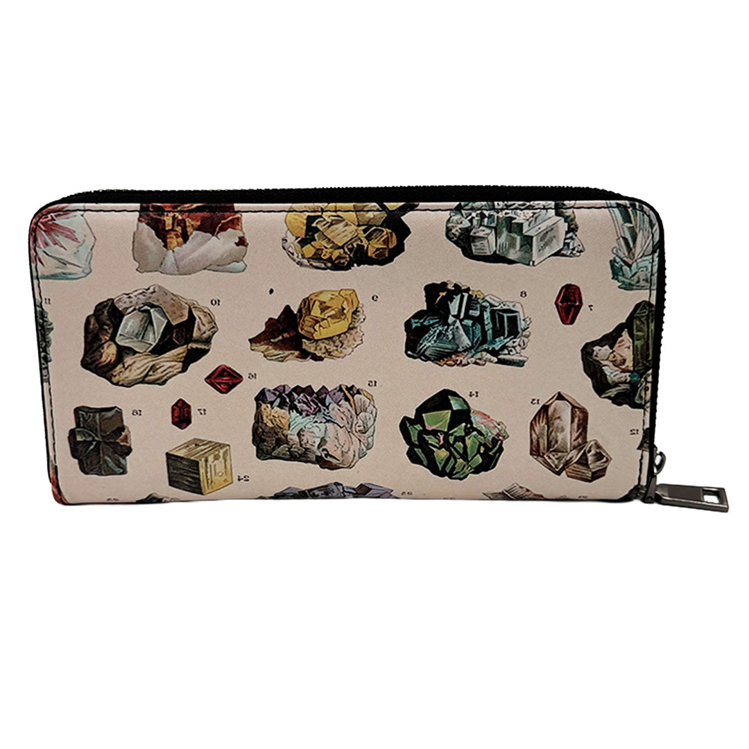 Wallet with mineral and crystal design on a beige background