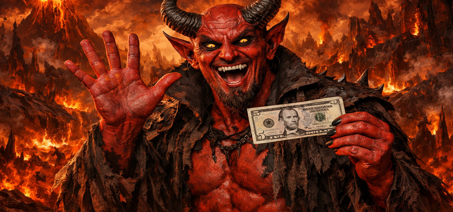 Devil-like creature holding a dollar bill with a fiery background