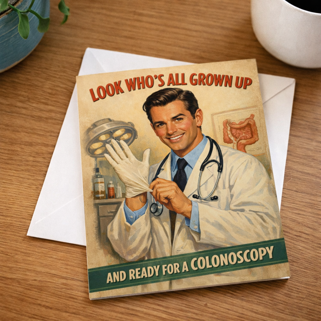 Greeting card with a doctor illustration and text on a wooden surface with a cup and plant.