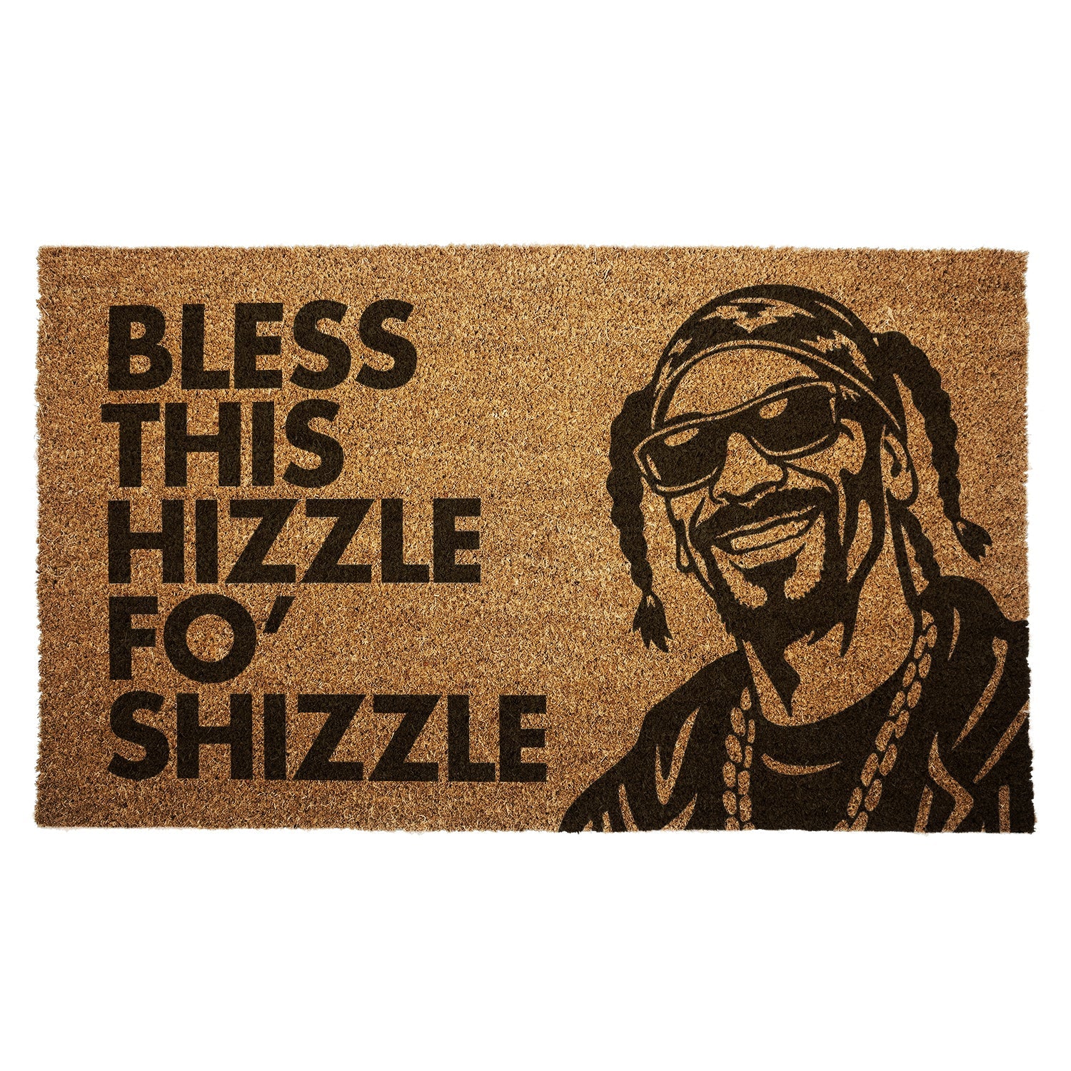 Doormat with a graphic of a Snoop Dogg wearing sunglasses and a bandana, with text 'Bless this hizzle fo shizzle' on a brown background.
