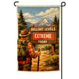 Decorative flag with a hiker and mountain scene, featuring a sign with text.