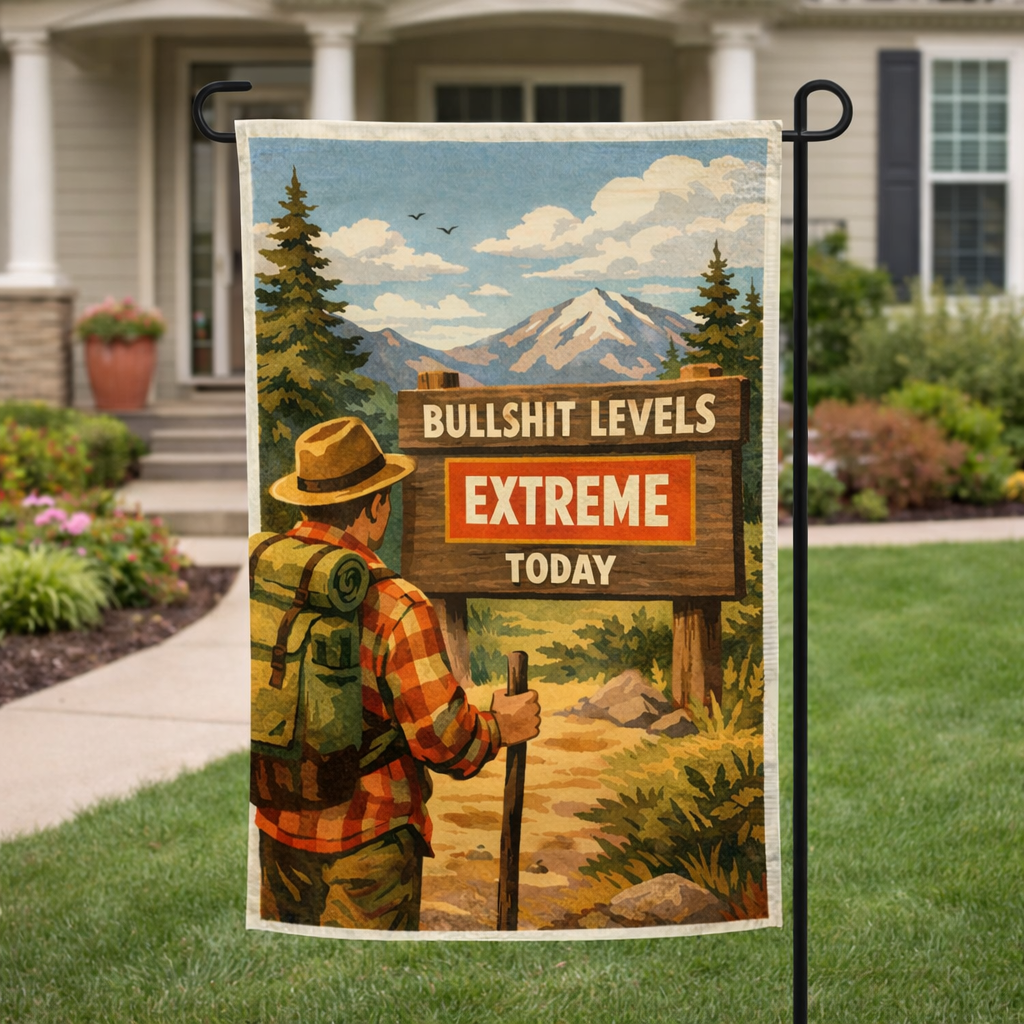 Garden flag with a hiker holding a sign reading 'Bullsh*t Levels Extreme Today' in front of a house.