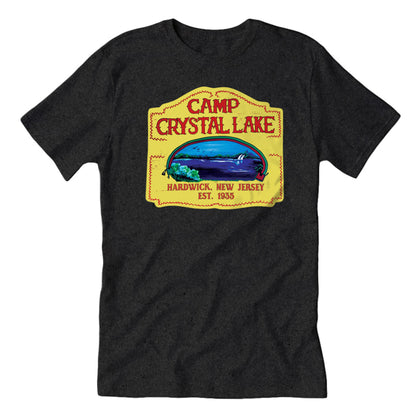 Black t-shirt with 'Camp Crystal Lake' graphic print in the center featuring a blue lake and yellow text on a white background.