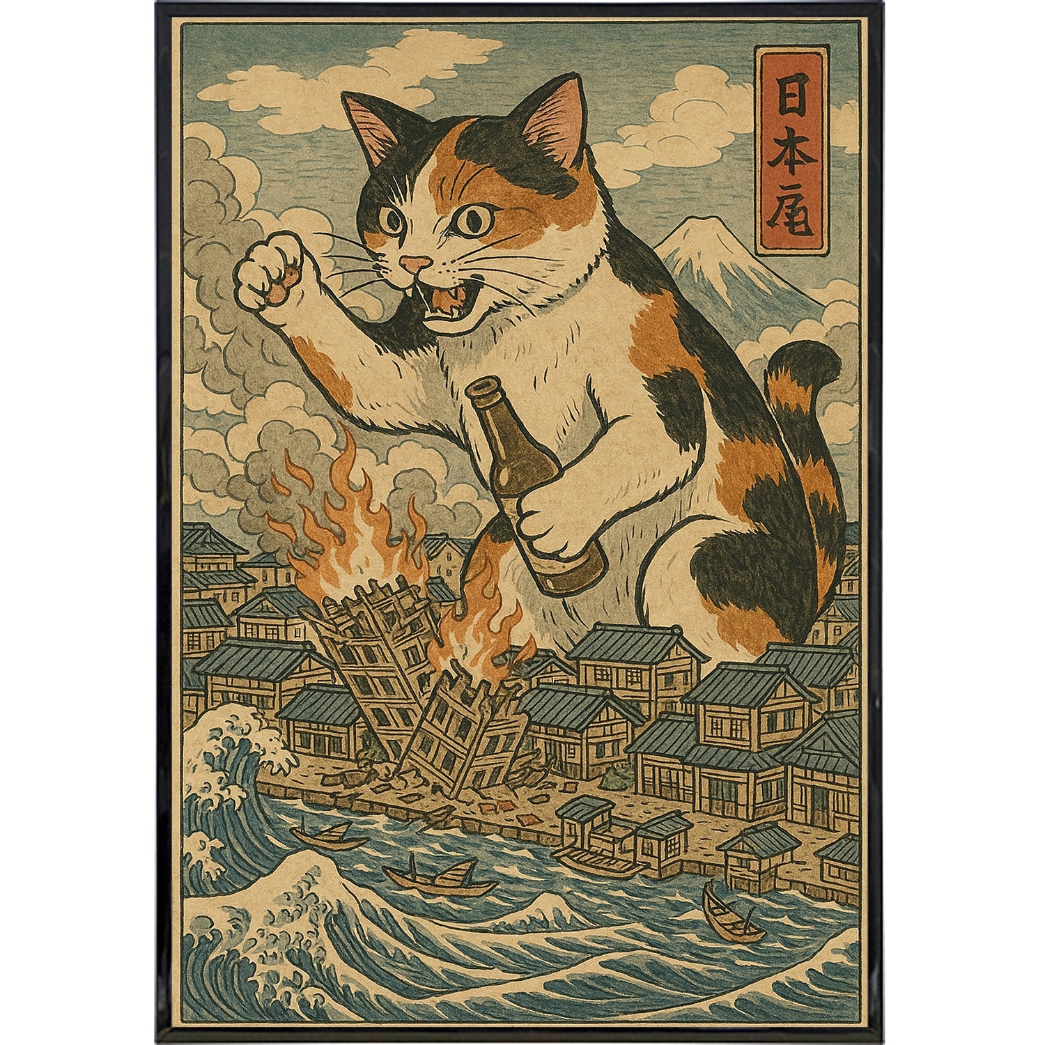 Cat Destroying City Ukiyo-E Original Poster Print - The Original Underground