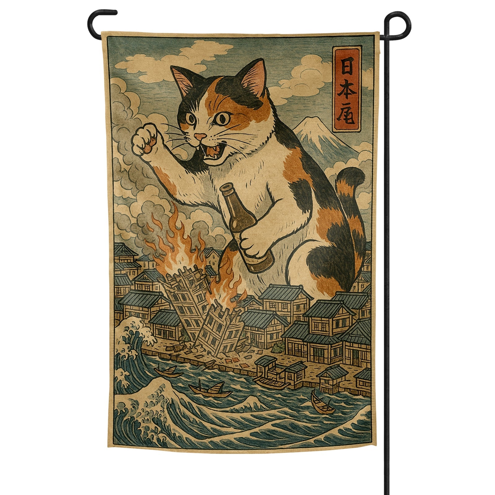 Cat Destroying City Japanese Ukiyo-E Garden Flag - The Original Underground