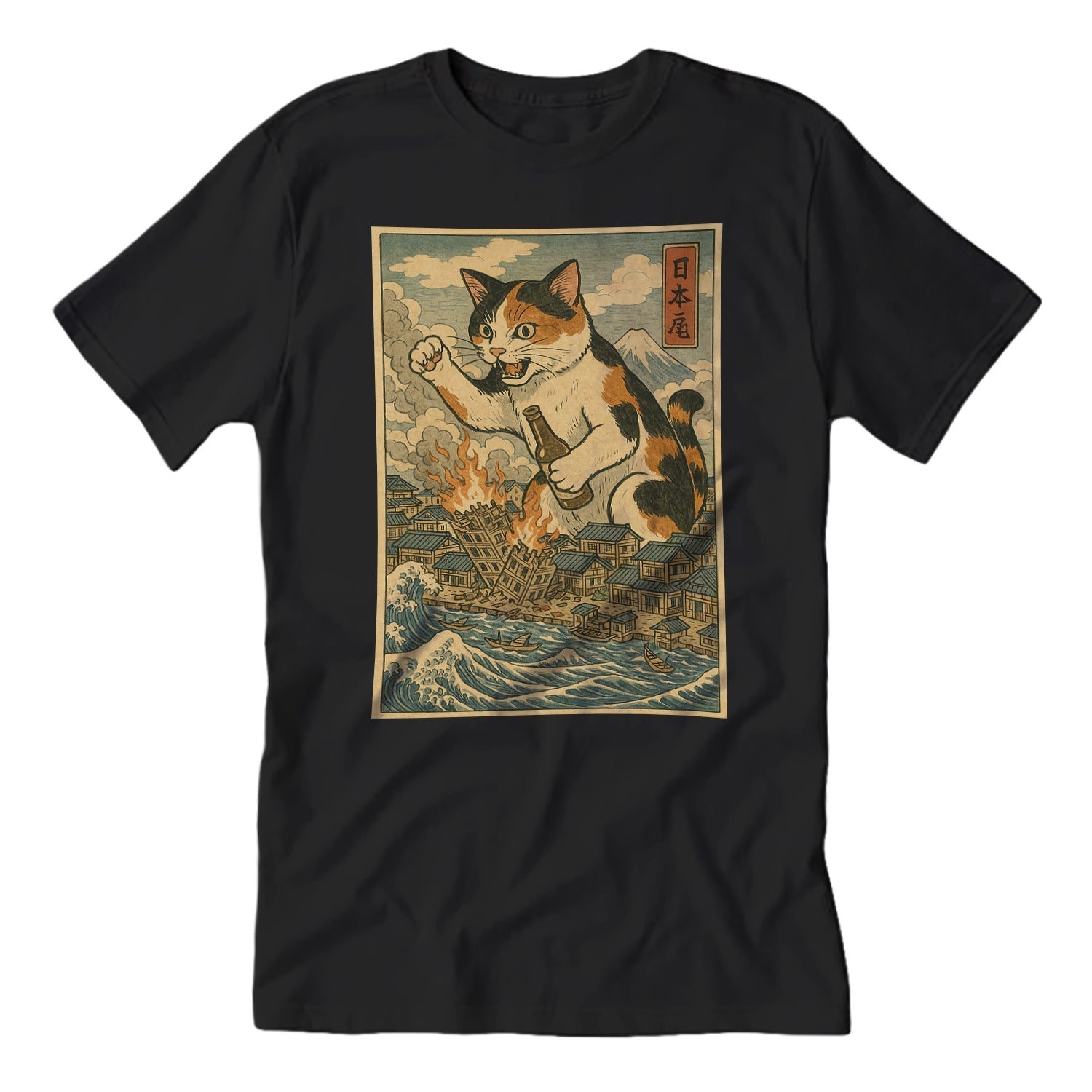 Cat Destroying City Ukiyo-E T-Shirt - Shady Front