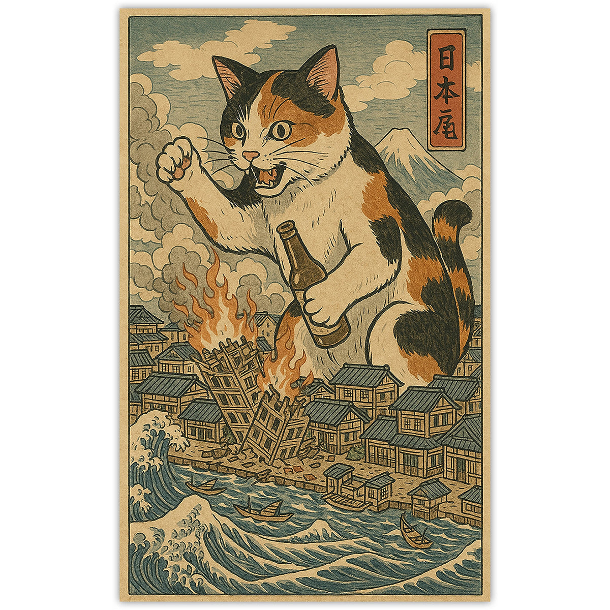 Cat Destroying City Ukiyo-E Sticker - The Original Underground