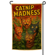Decorative garden flag with cats and the text 'Catnip Madness' on a white background.