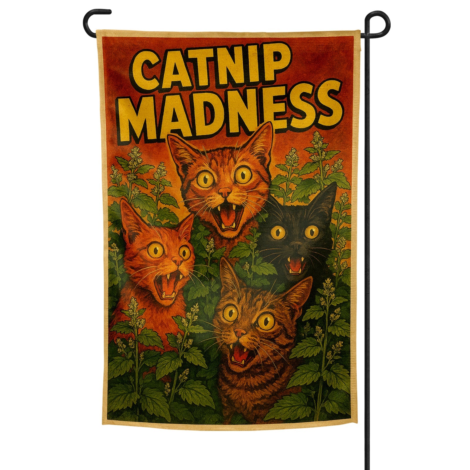 Decorative garden flag with cats and the text 'Catnip Madness' on a white background.