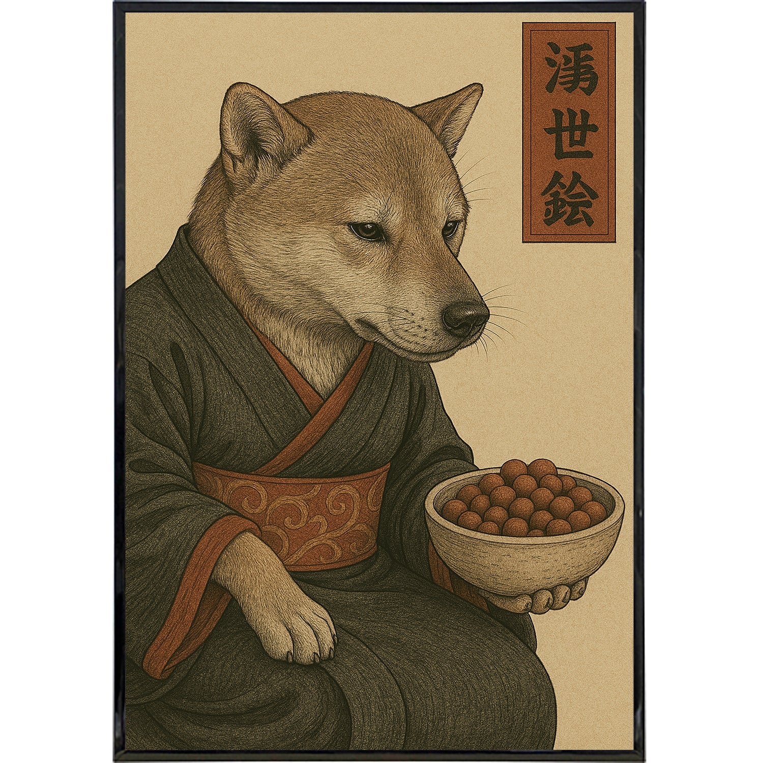 Dog Contemplating Kibble Japanese Ukiyo-e Style Poster Print - The Original Underground