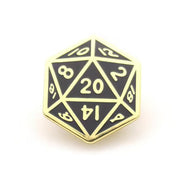A metal enamel pin shaped like a 20-sided dice with black and gold colors, commonly used in Dungeons & Dragons role-playing games.
