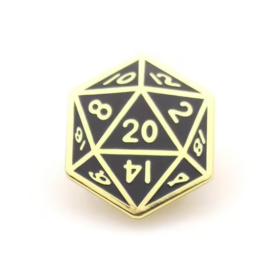 A metal enamel pin shaped like a 20-sided dice with black and gold colors, commonly used in Dungeons & Dragons role-playing games.