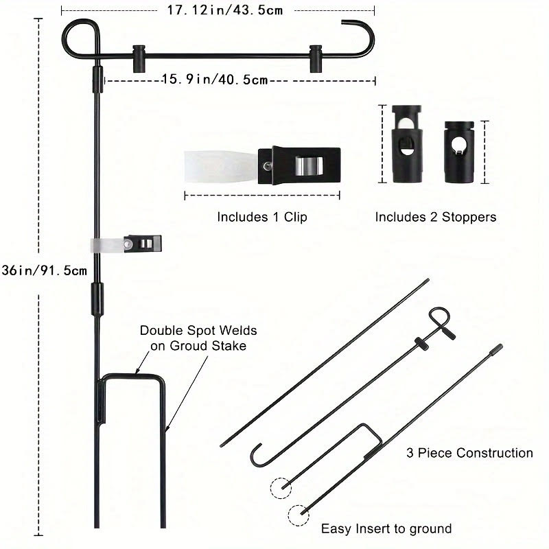 Detailed diagram of a metal garden flag post with measurements and features on a white background