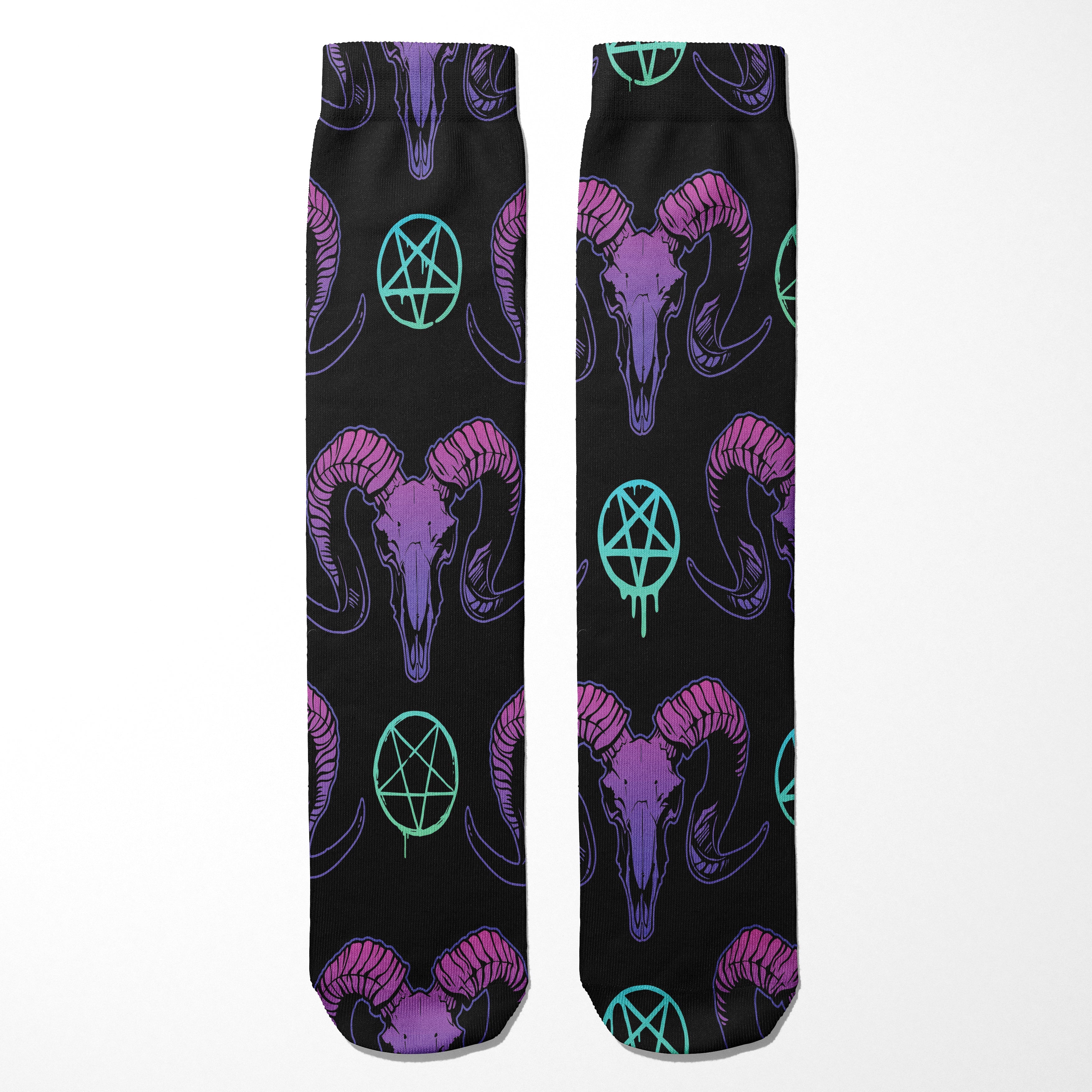 Black socks with purple ram skulls and green pentagrams on a white background