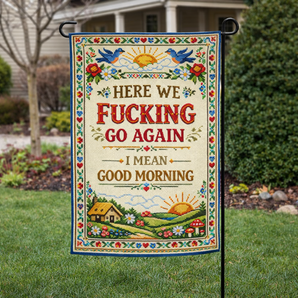 Garden flag with colorful border and text in a garden setting