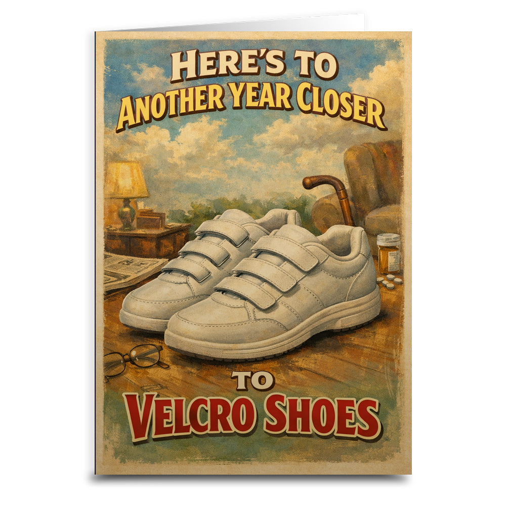 Heres to Another Year Closer to Velcro Shoes Birthday Card - Shady Front