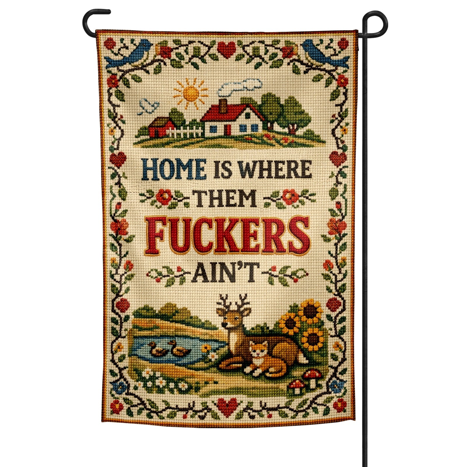 Decorative garden flag with a rural scene and text on a white background