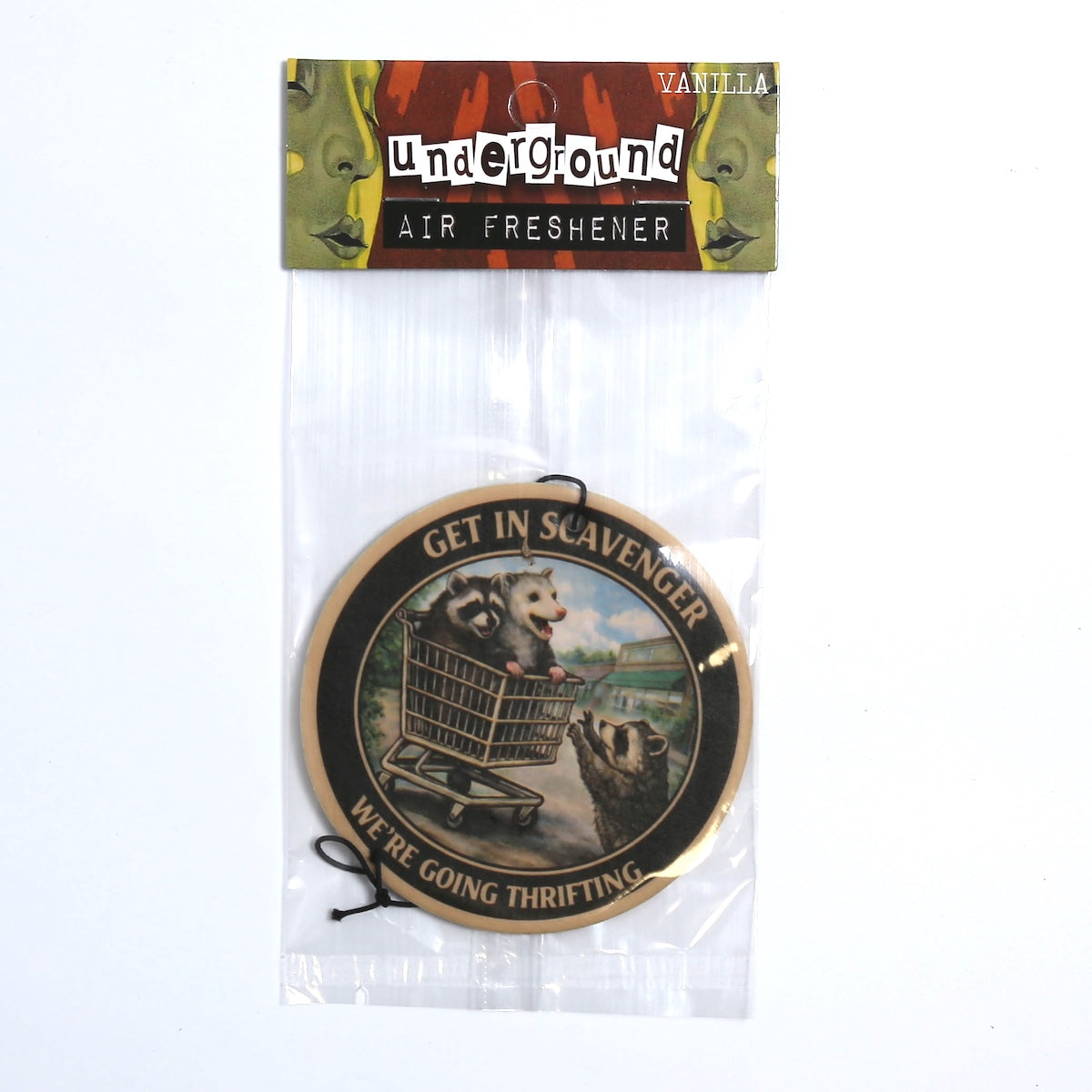 Air freshener with opossum design and 'Get in Scavenger' text, branded 'Underground'.