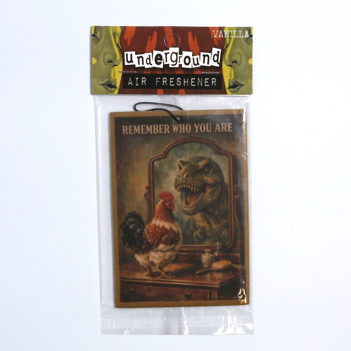 Air freshener packaging with dinosaur and rooster design, featuring the brand 'Underground'.