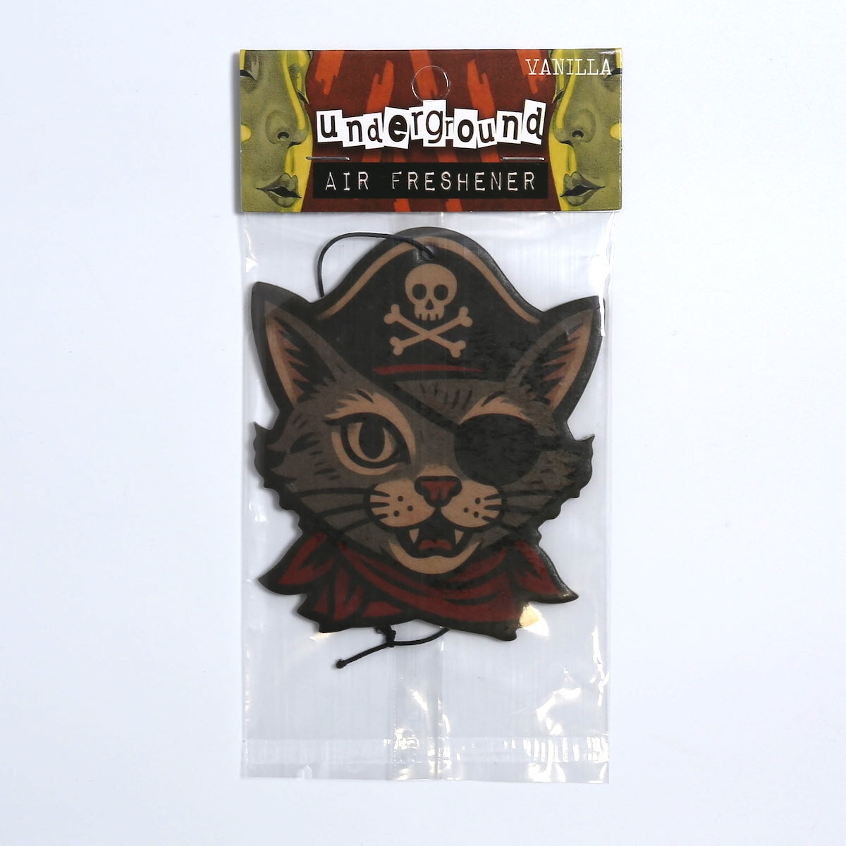 Cat-shaped air freshener with pirate design in packaging labeled 'Underground'.