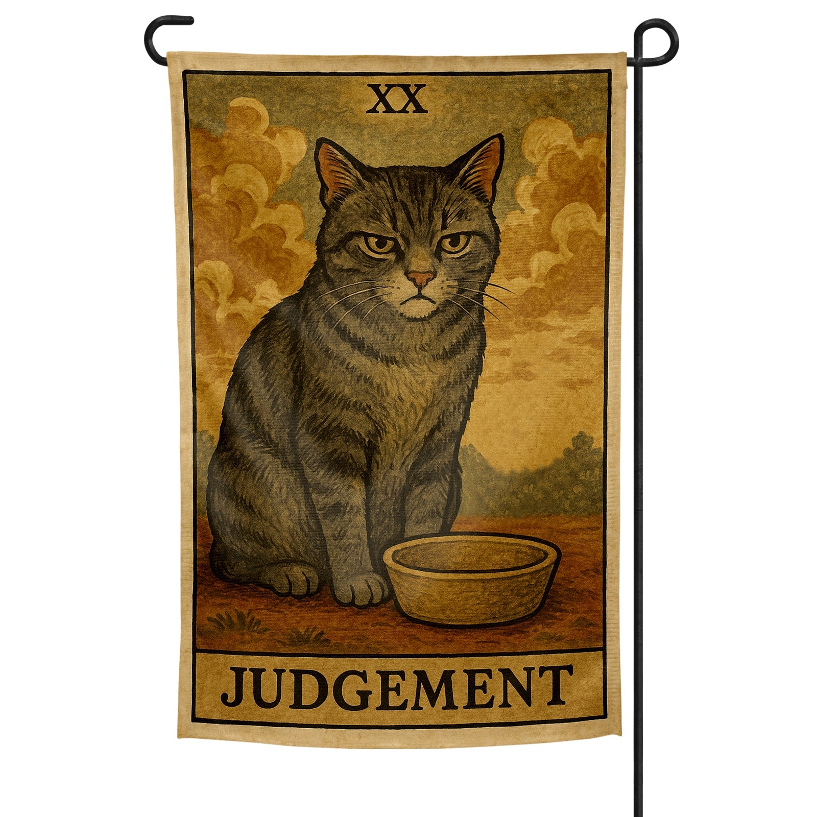 Tarot card-style garden flag with a cat and 'Judgement' text on a beige background