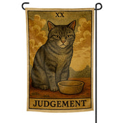 Tarot card-style garden flag with a cat and 'Judgement' text on a beige background