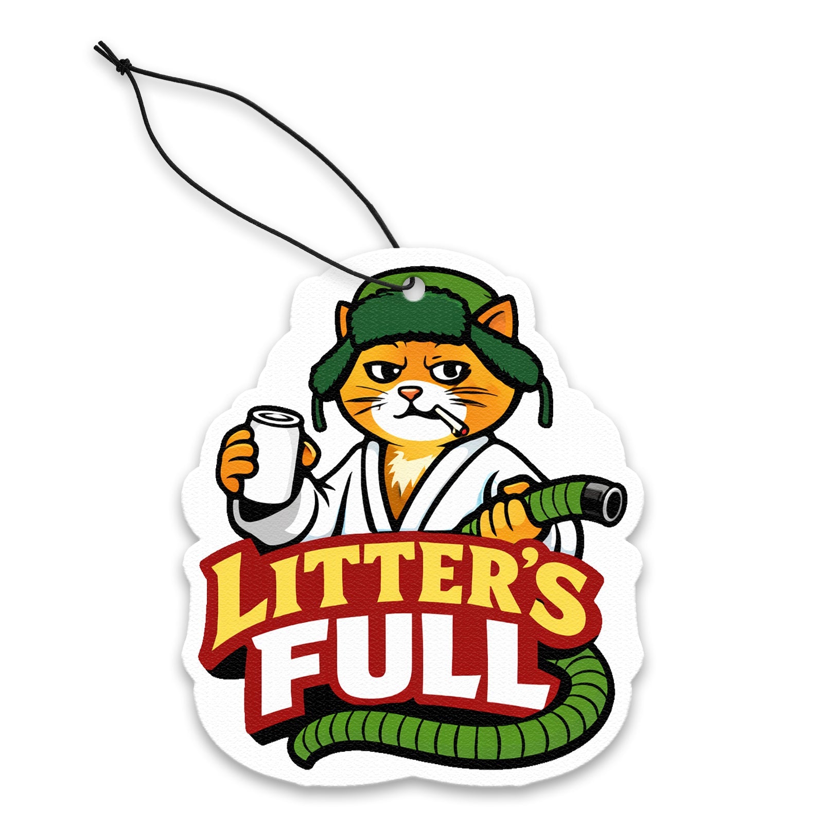 Cat-themed air freshener with 'Litter's Full' text on a white background