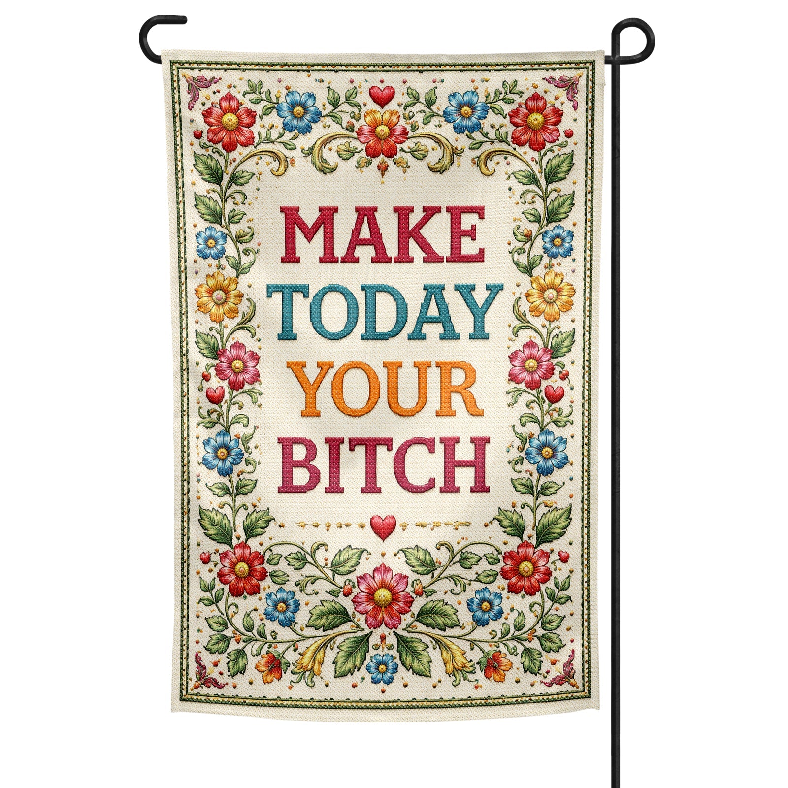 Decorative garden flag with colorful floral design and text on a white background