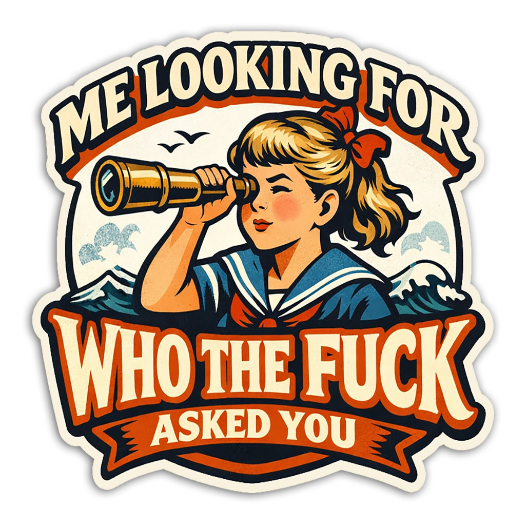Sticker with a stylized illustration of a girl with a telescope and text on a white background