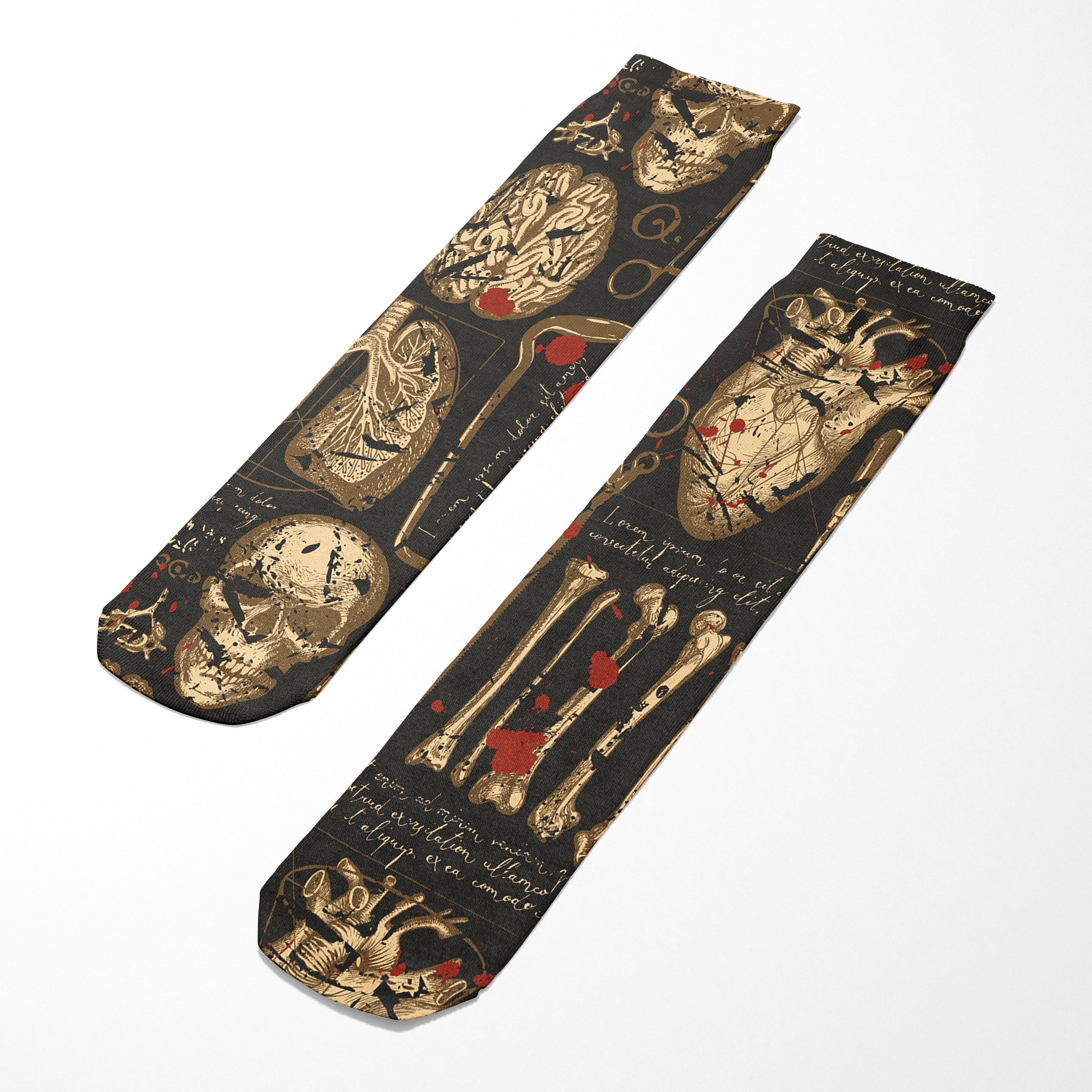 Two socks with anatomical design on a white background
