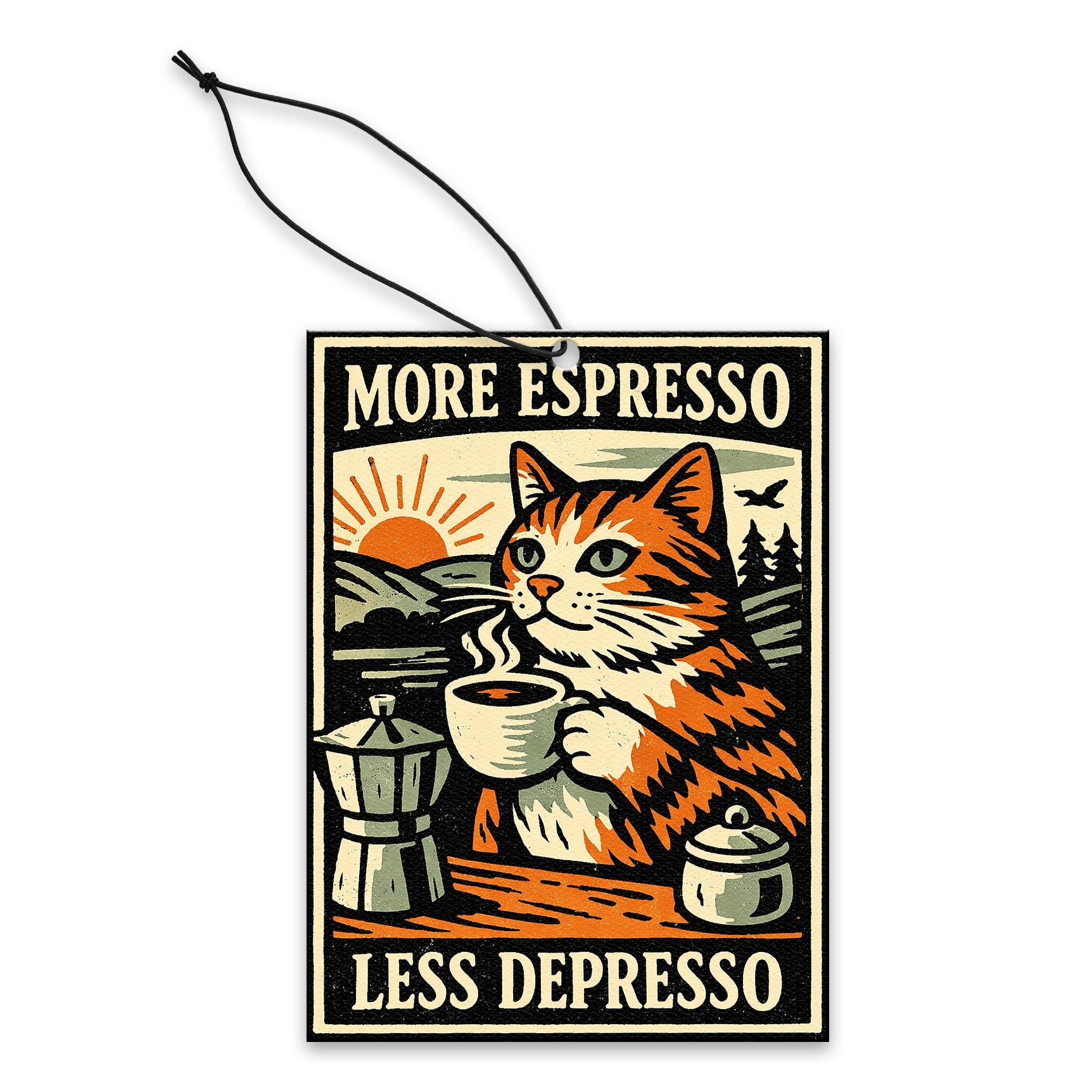 Decorative sign with a cat holding a coffee cup and text 'More Espresso Less Depresso' on a white background.