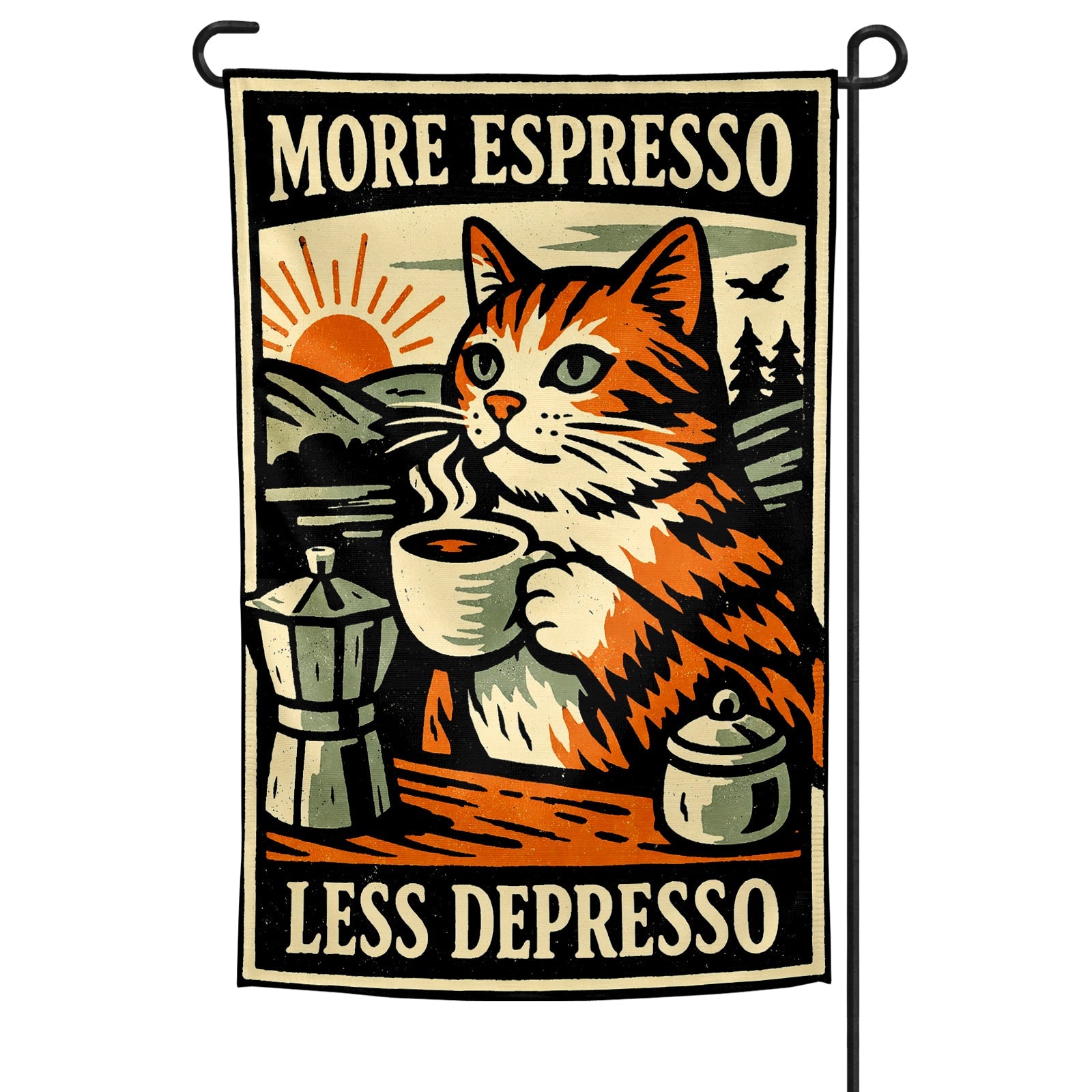 Decorative flag with a cat holding a coffee cup and text 'More Espresso Less Depresso' on a scenic background.