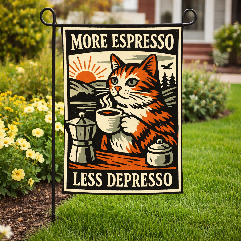 Garden flag with a cat holding a coffee cup and text 'More Espresso Less Depresso' in a garden setting.