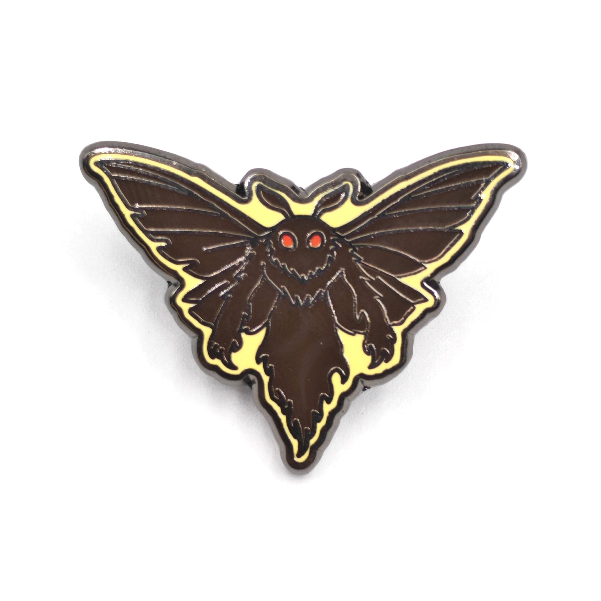 Moth-shaped enamel pin with a yellow border on a white background