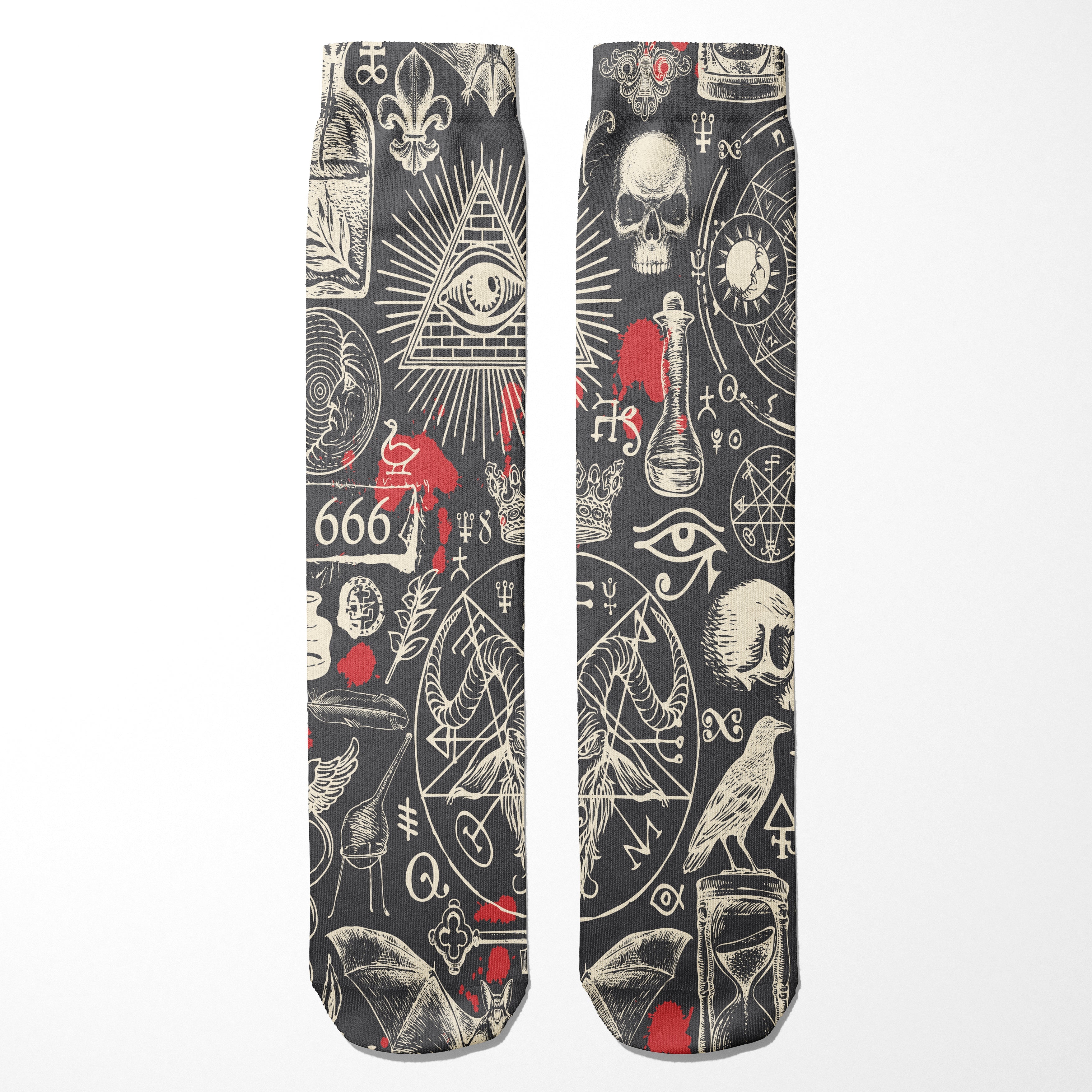 Two socks with dark gray background and intricate symbols and designs.