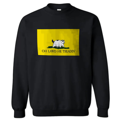 Black sweatshirt with a yellow graphic and text on a white background
