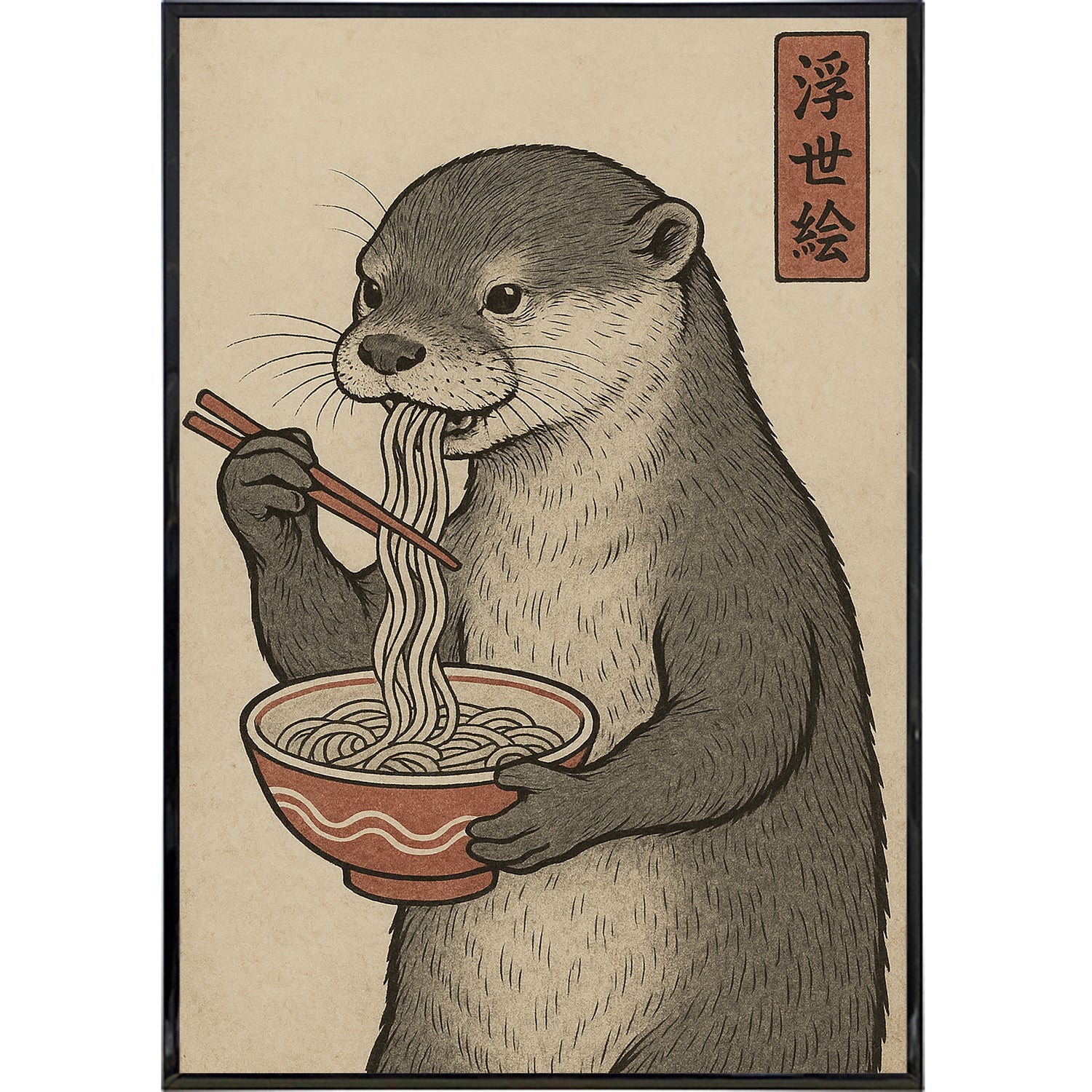 Otter Eating Noodles Japanese Ukiyo-e Style Poster Print - The Original Underground