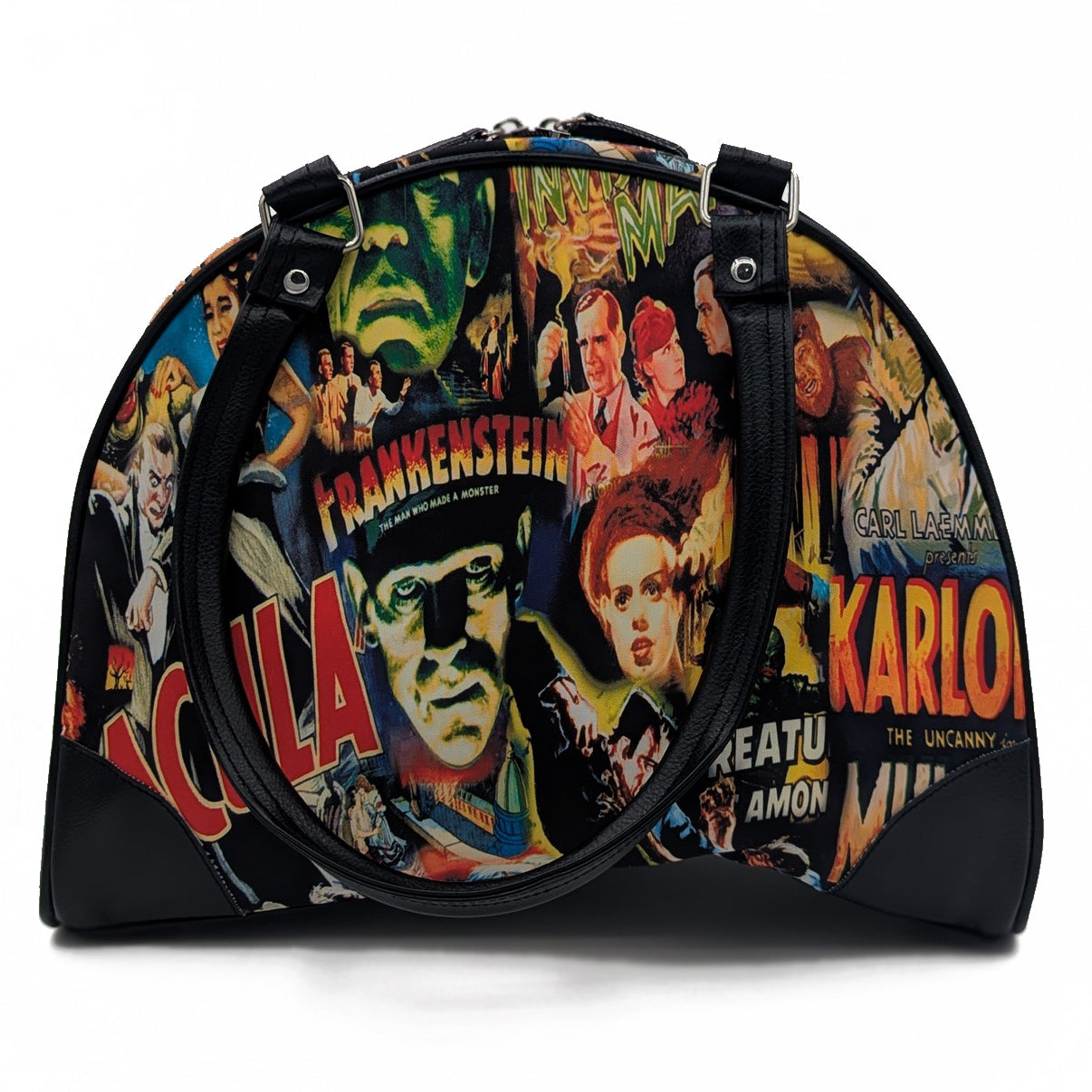 A faux leather bowler handbag featuring a collage of classic horror movie characters such as Frankenstein and Dracula.