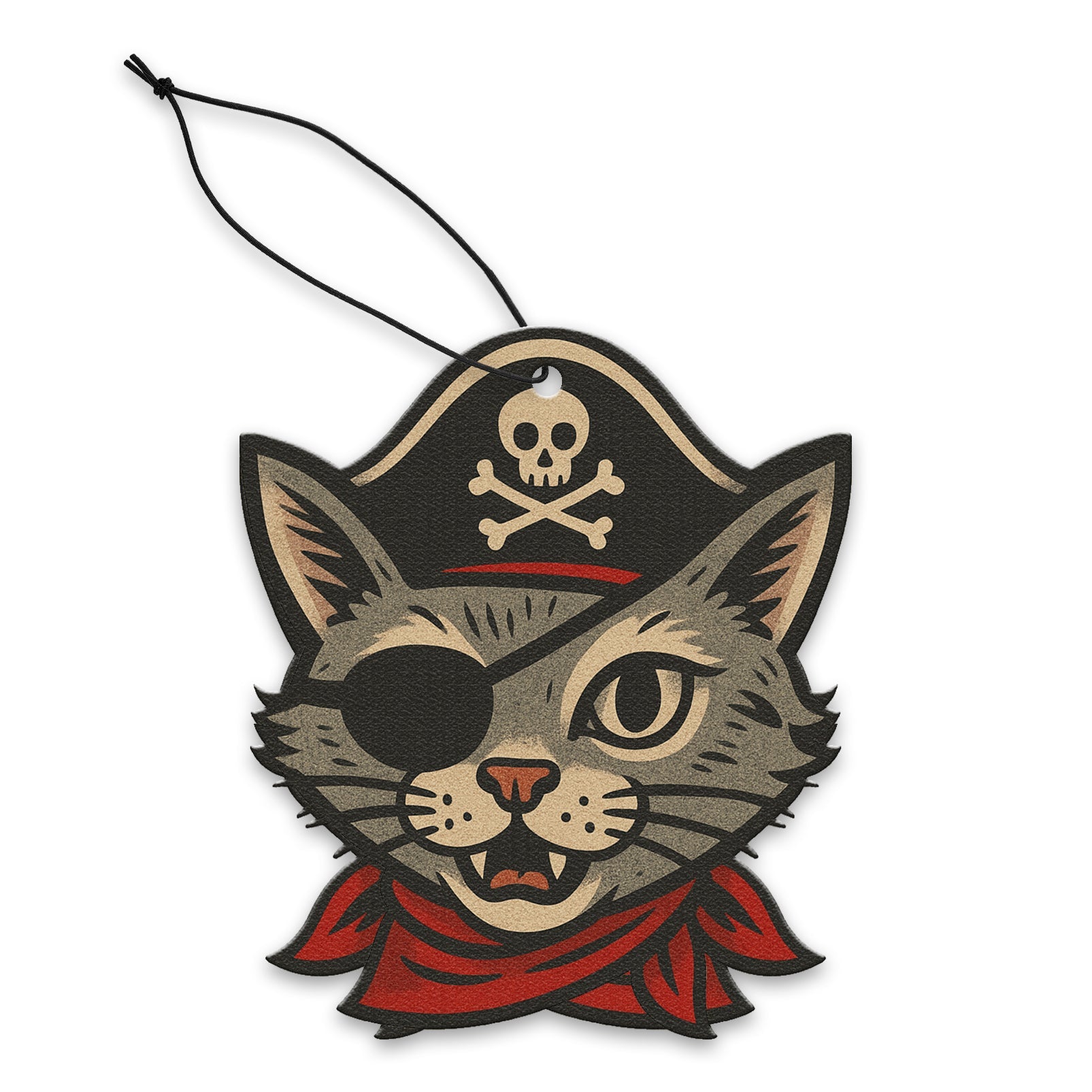 Pirate-themed cat air freshener with a skull and crossbones design on a white background