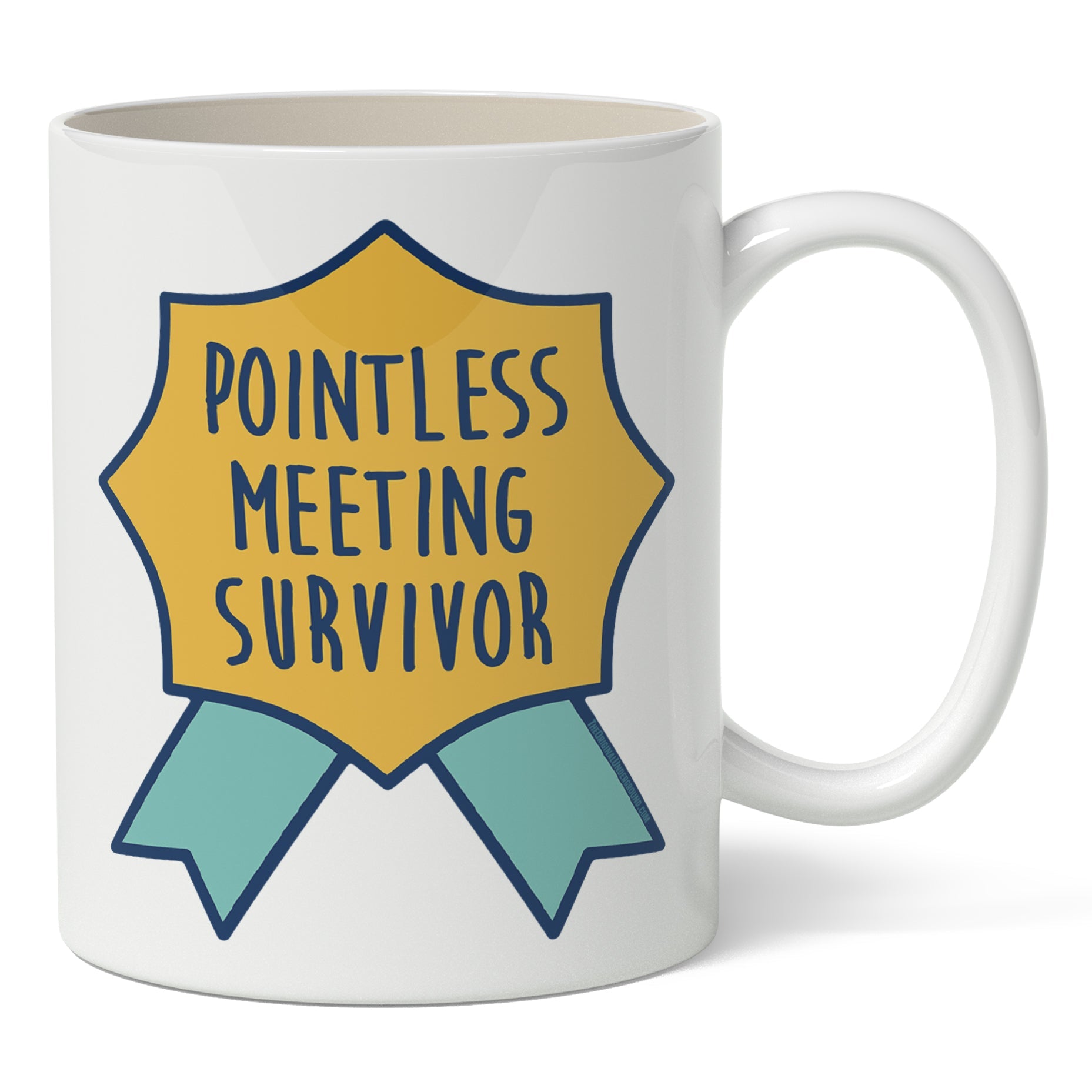 A white ceramic mug with a print that says 'POINTLESS MEETING SURVIVOR' on it, designed with a yellow badge and blue ribbons.