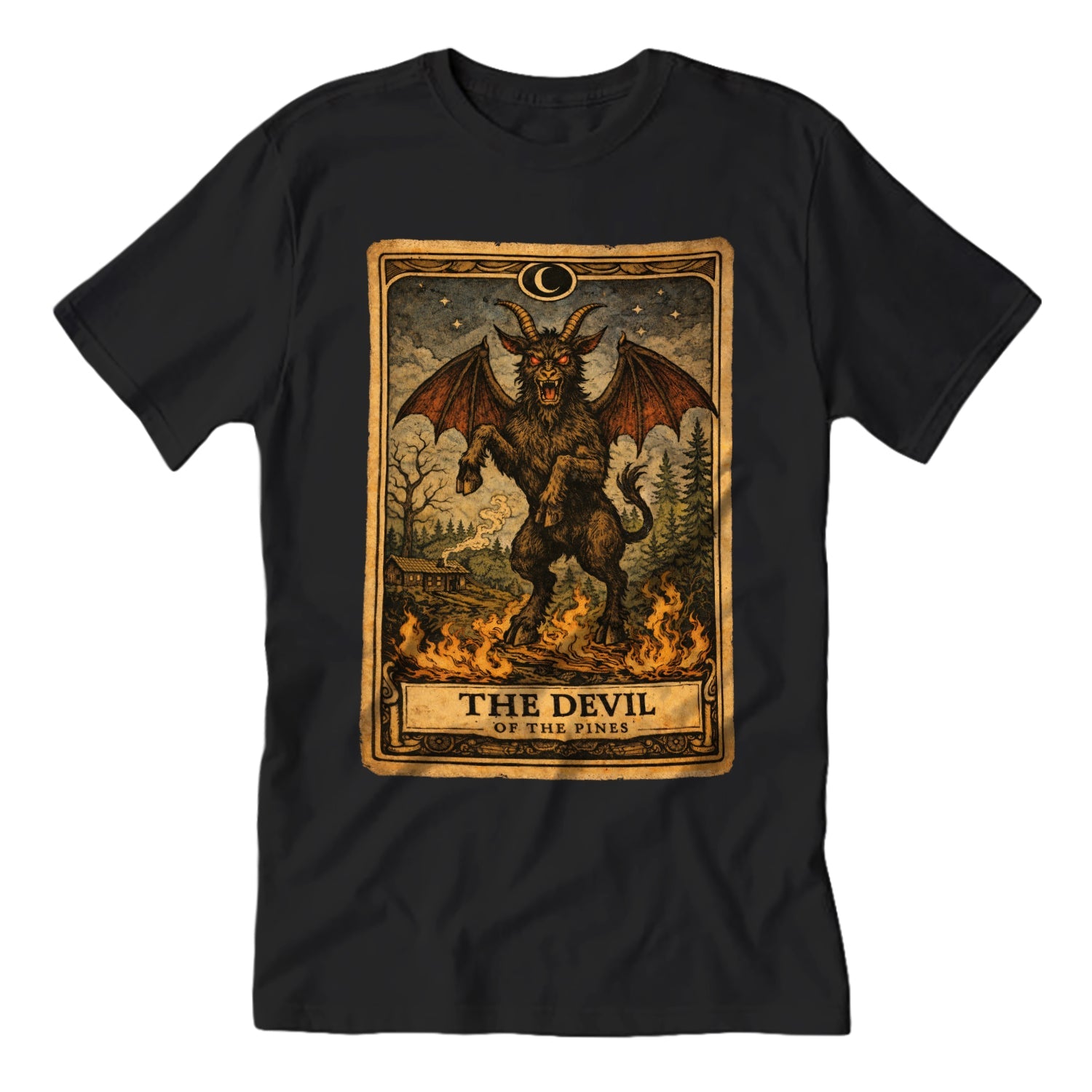 Black t-shirt with 'The Devil' tarot card design on a white background