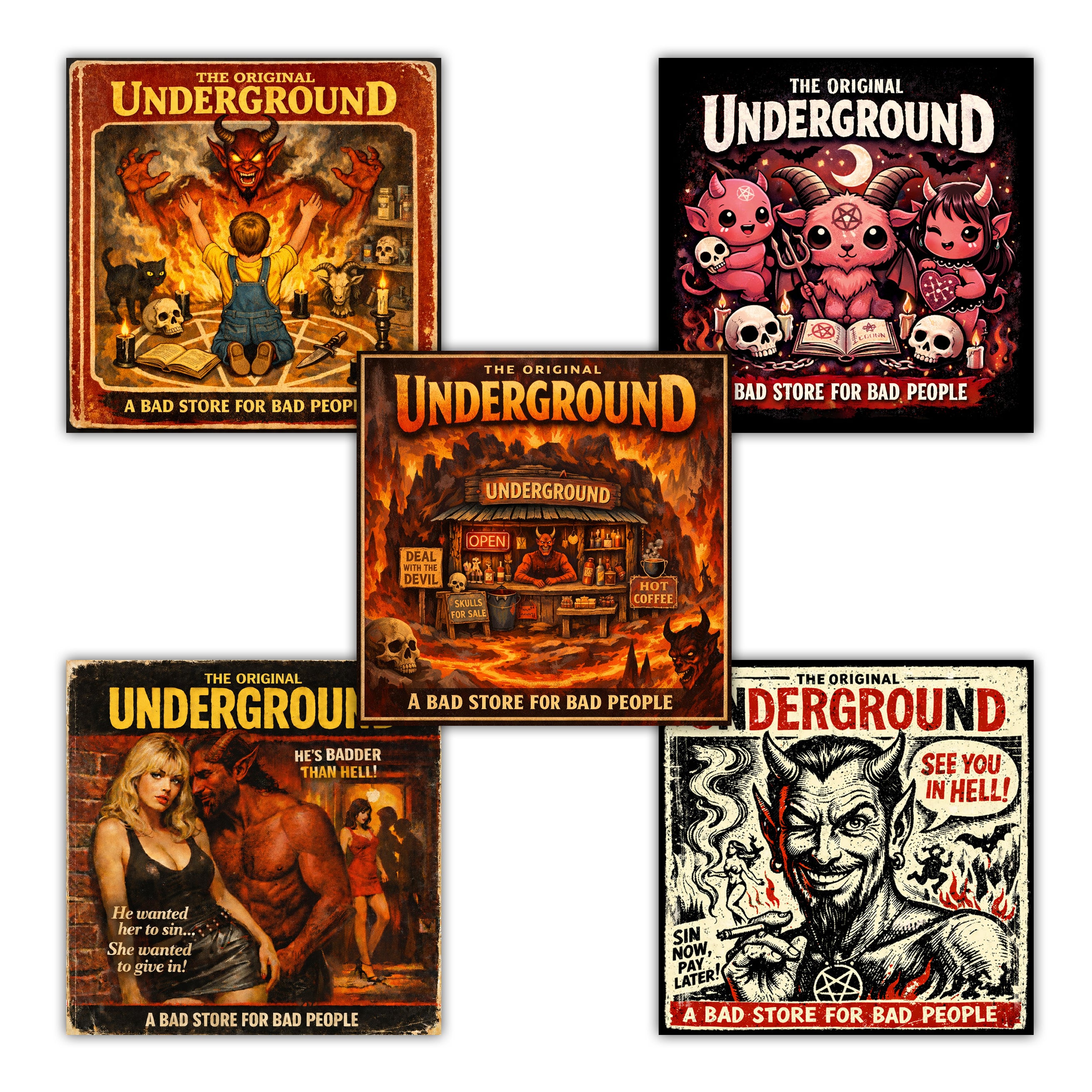 Five vintage-style stickers with 'The Original Underground' branding and graphic designs.