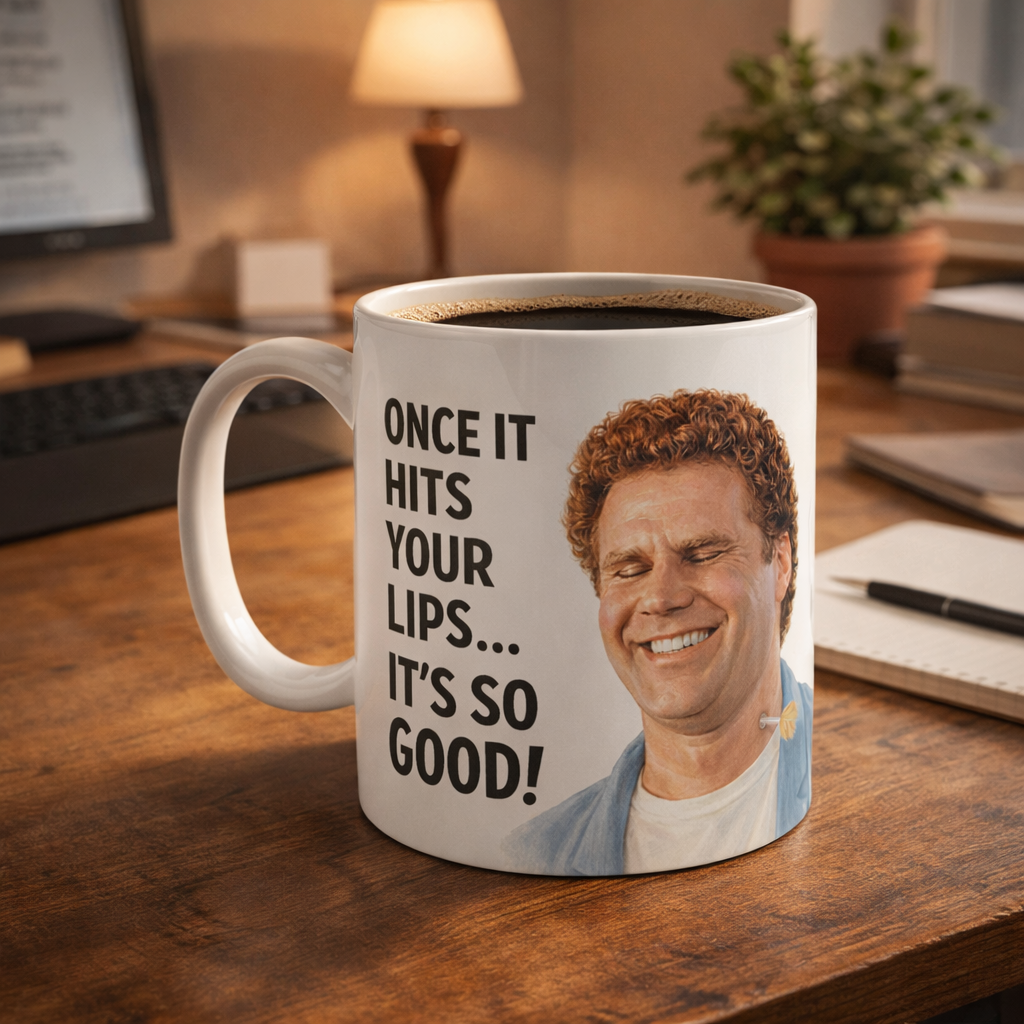 Mug with a Will Farrell's face and text on a desk