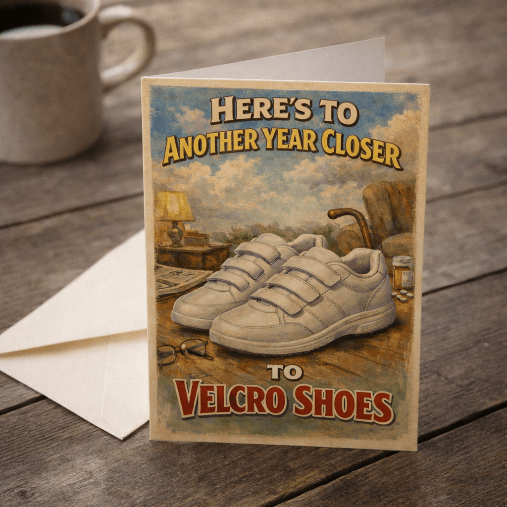 Heres to Another Year Closer to Velcro Shoes Birthday Card - The Original Underground