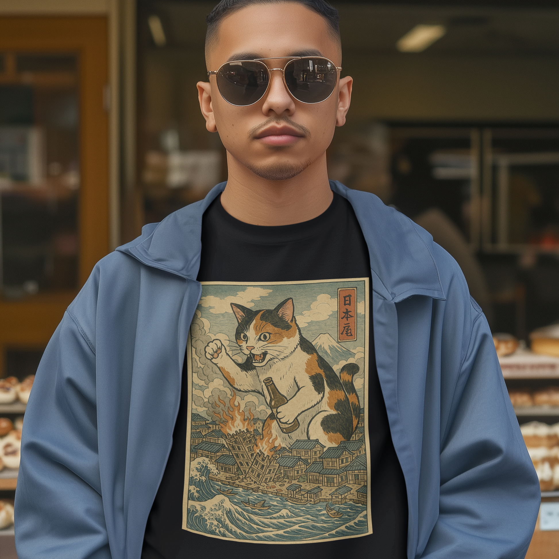Cat Destroying City Ukiyo-E T-Shirt - The Original Underground